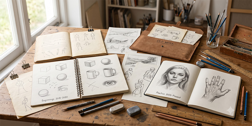 Beginner practicing one-point perspective drawing