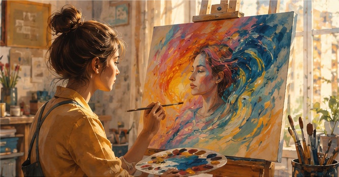 Artist creating a colorful painting in a studio