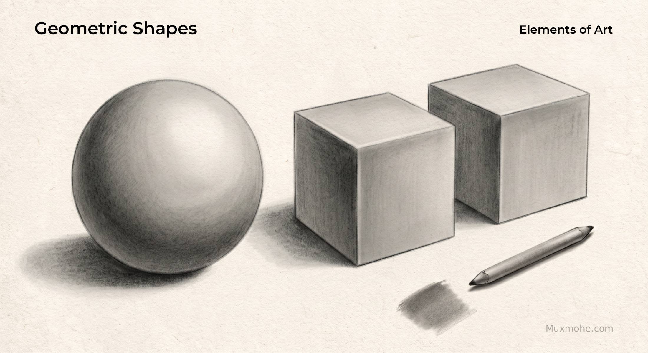 Three-dimensional forms in art including sphere and cube