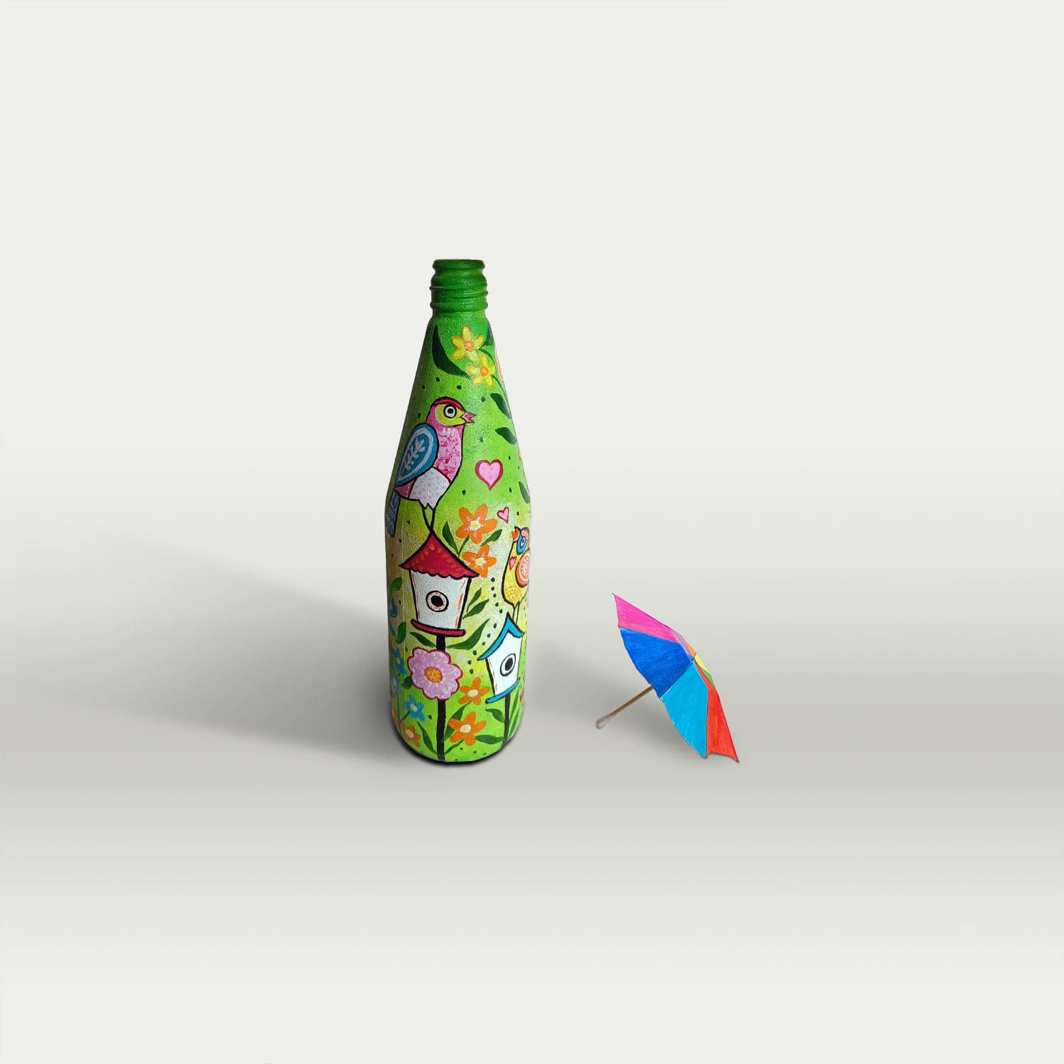 Nature Artwork on Glass bottle with Acrylic colors for Home Decor