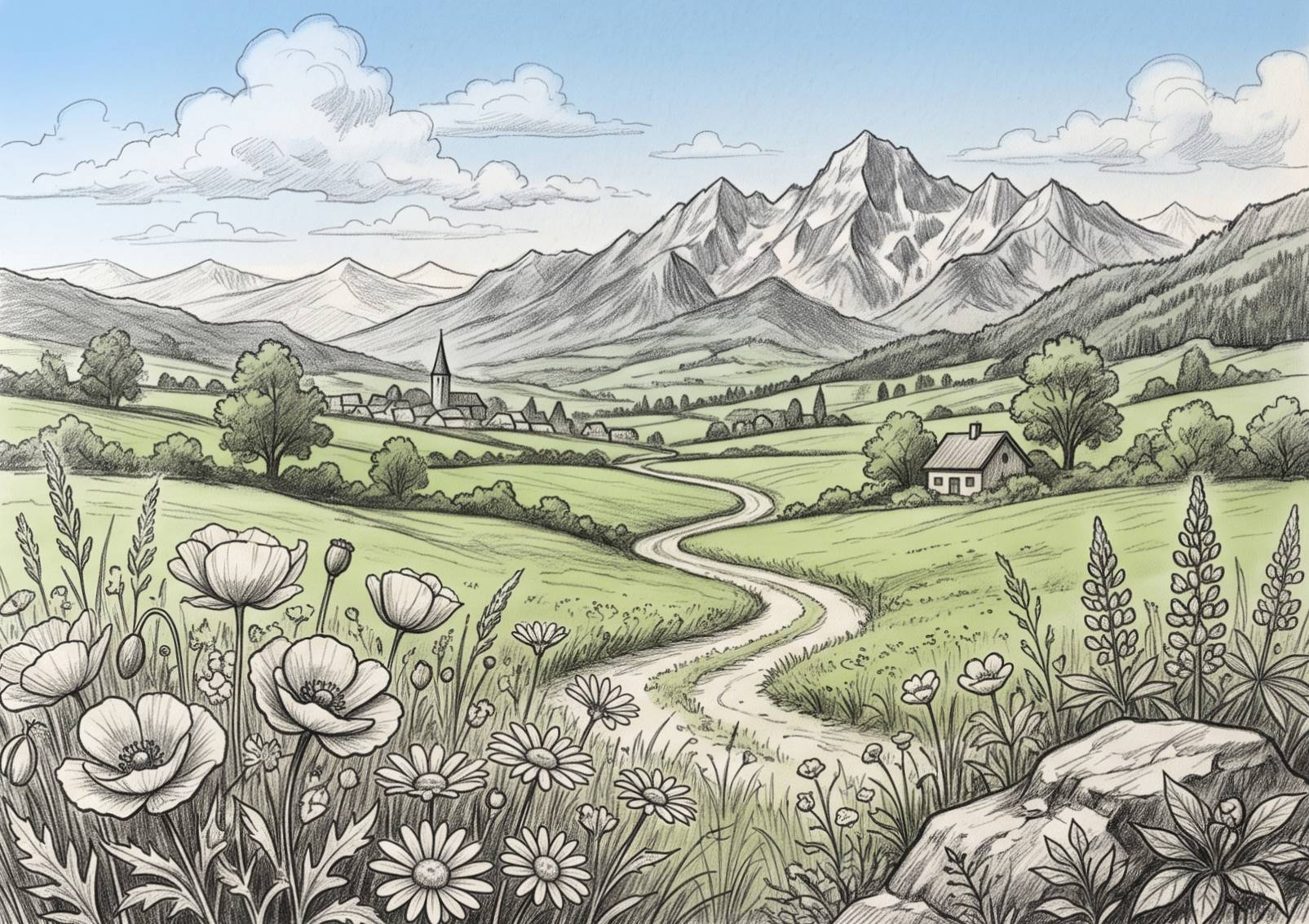 Landscape drawing showing foreground, middle ground, and background