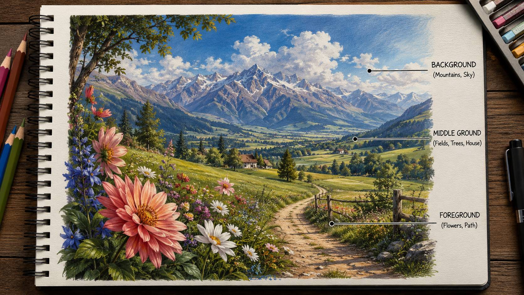 Landscape drawing showing foreground, middle ground, and background